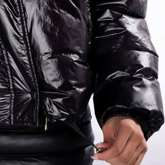 Miz Puffer Crochet: Detachable Contrast Knit Cardigan Vinyl Winter Coat L XL - Picture 3 of 17